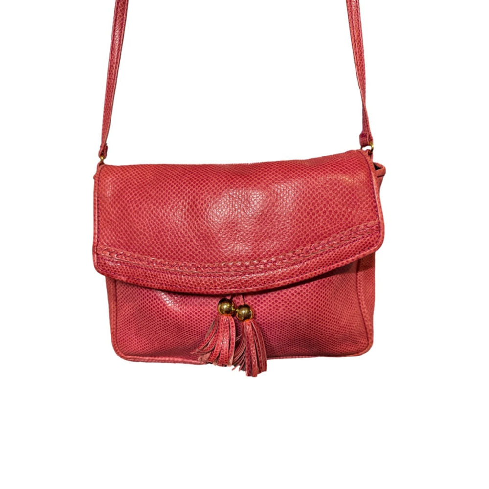 Ganson Faux Leather Crossbody Bag Pink Black Snake Embossed Tassel